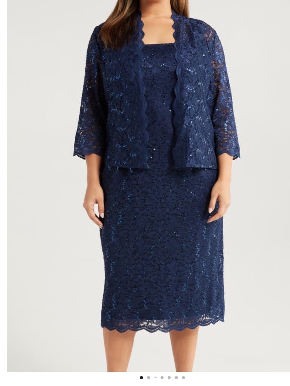 SLNY Navy Lace Dress & Jacket Set